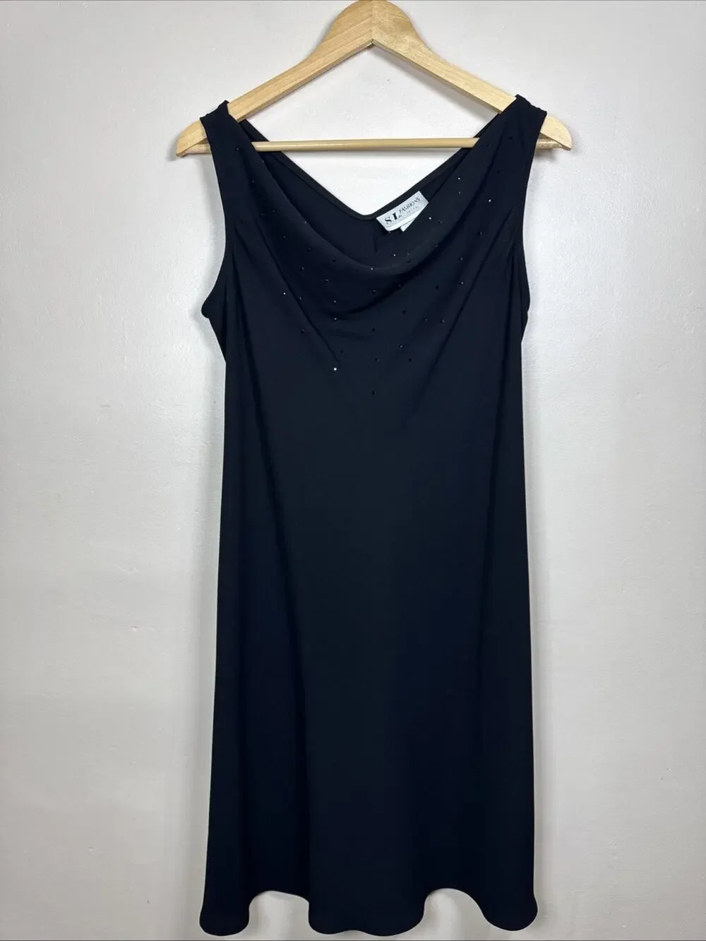 VTG S.L. Fashions Womens Dress LBD Midi Cowl Neck Rhinestone Formal 90s Y2K